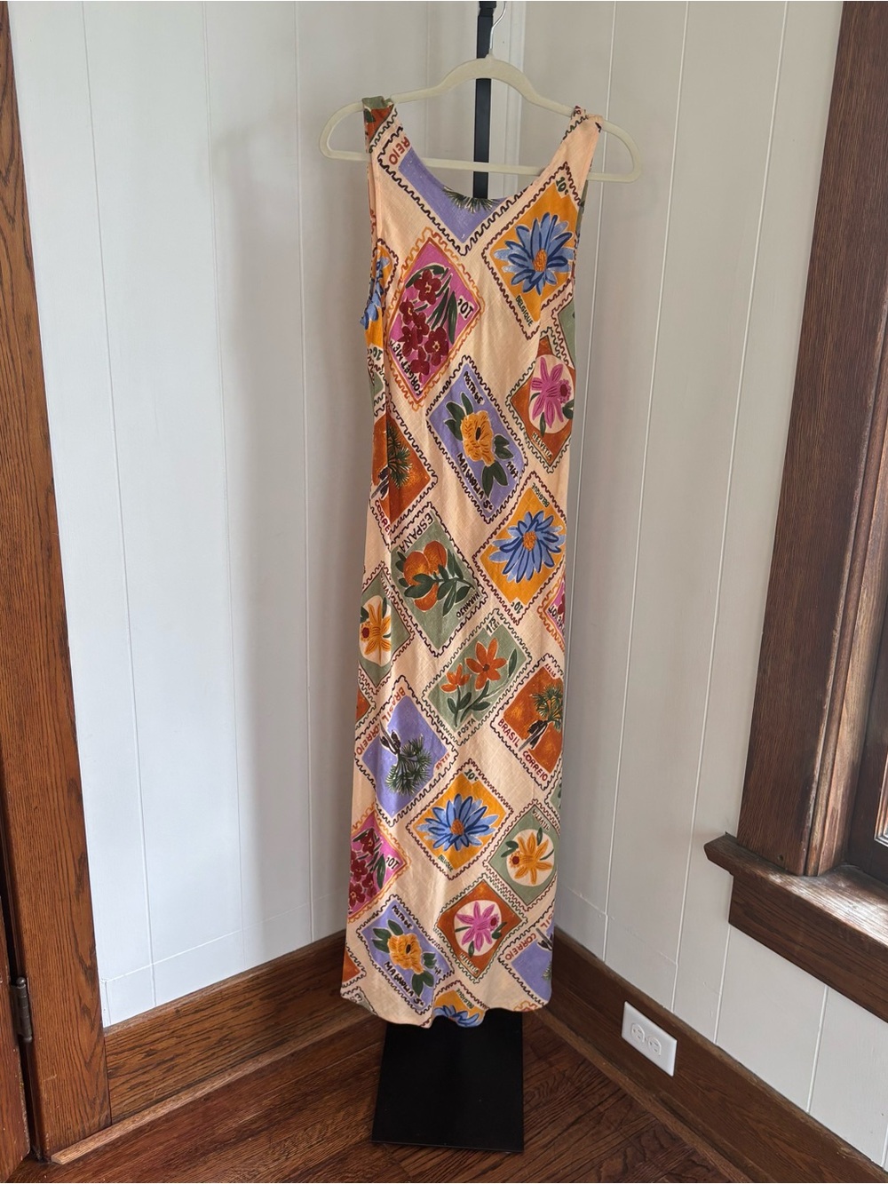 Paper Heart NWT Postage Stamp Floral Maxi Dress Cut Out Back Linen Blend Size XL